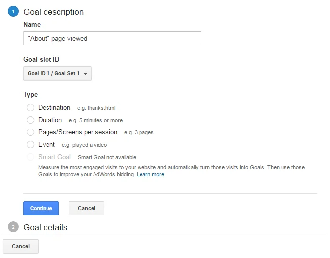 Google Analytics goal description